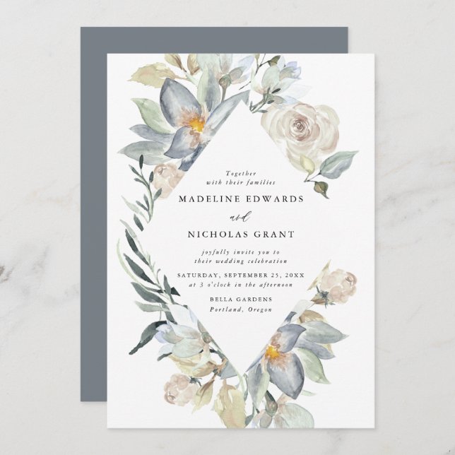 Romantische Hochzeit mit Wasserfarbe Weiß und Blau Einladung (Vorne/Hinten)
