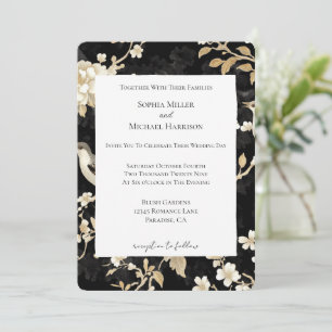 Romantische Hochzeit Schwarz-weißer Blütenvögel Einladung
