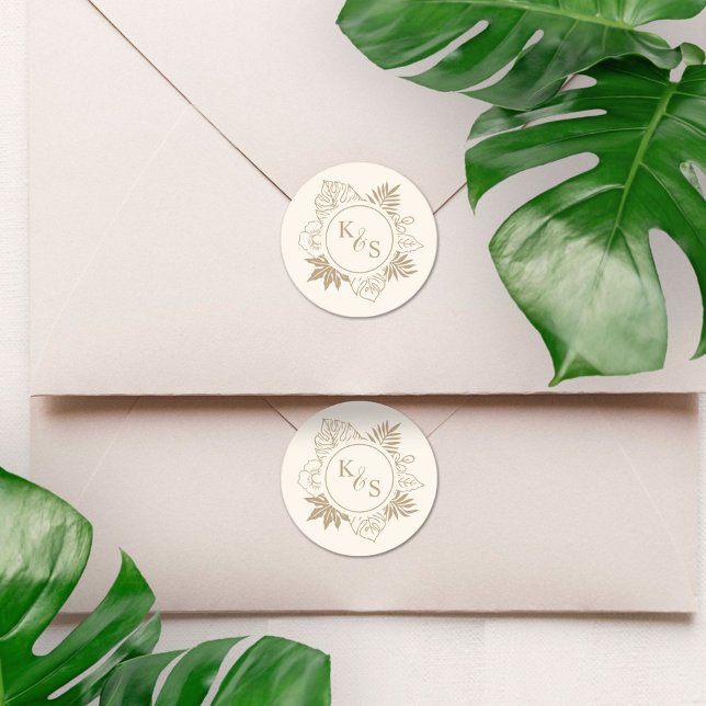 Romantische Hochzeit tropischer Vegetation Runder Aufkleber (Von Creator hochgeladen)