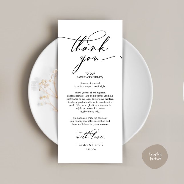 Romantische Hochzeit Vielen Dank Platzierung Karte (Romantic Wedding Dinner Thank You Place Setting Card, in Black and White )