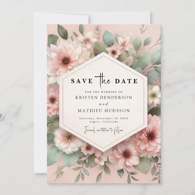 Romantische Hochzeit von Boho Pink Save The Date (Vorderseite)