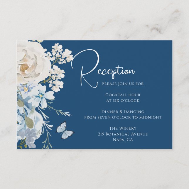 Romantische Hochzeit von Dusty Blue Floral Empfang Begleitkarte (Vorderseite)