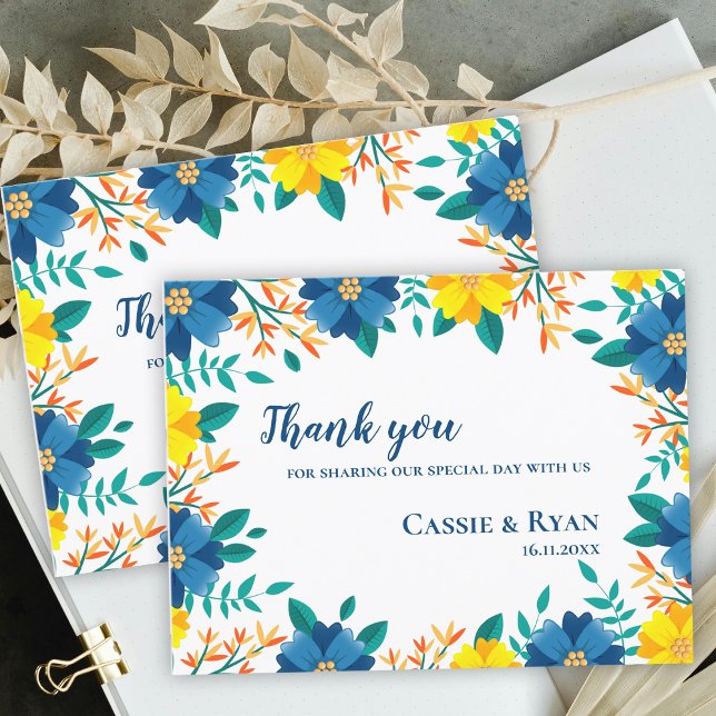 Romantische Hochzeit von gelber Blauer Flora Viele Postkarte (Romantic Yellow Blue Floral Wedding Thank you Postcard)