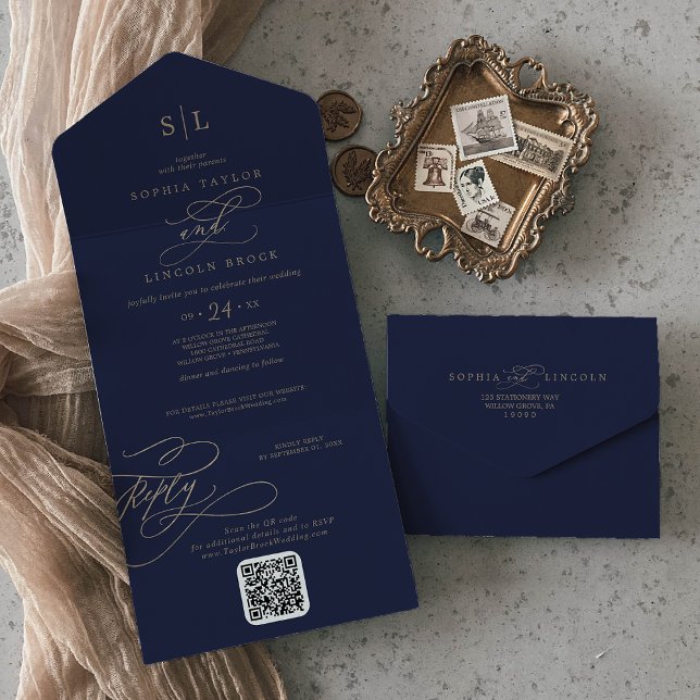Romantische Hochzeit von Gold und Navy Monogram QR All In One Einladung (Von Creator hochgeladen)