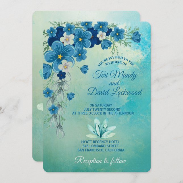 Romantische Hochzeitseinladungen Blau/Grün Einladung (Vorne/Hinten)