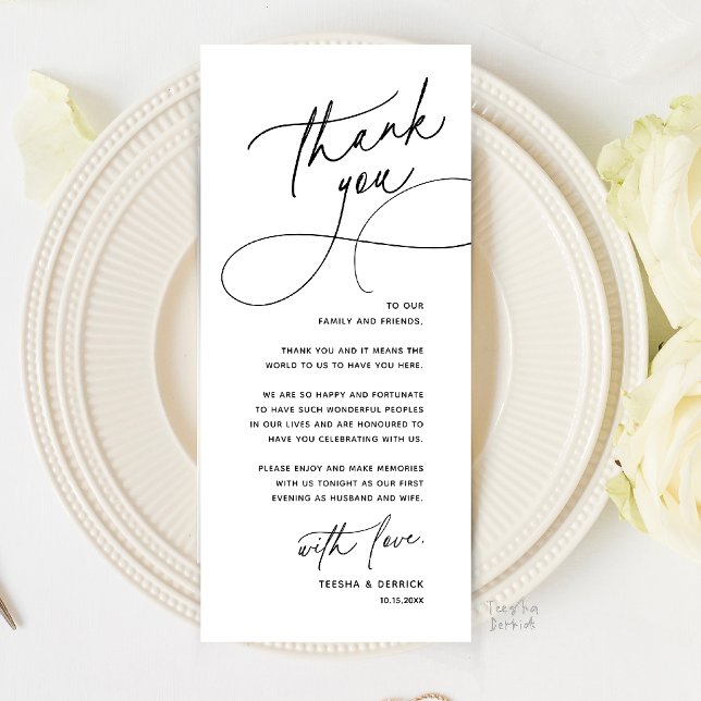 Romantische Hochzeitsplatz-Dankeskarten-Anordnung Programm (Romantic Wedding Place Setting Thank You Card in Black and white)