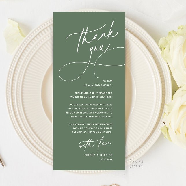 Romantische Hochzeitsplatz-Dankeskarten-Anordnung Programm (Romantic Wedding Place Setting Thank You Card in Sage Green)