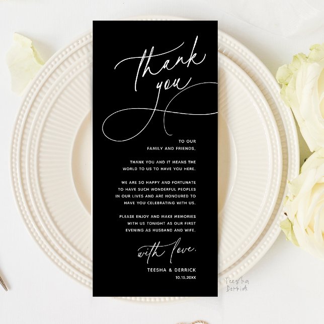 Romantische Hochzeitsplatz-Dankeskarten-Setzung Programm (Romantic Wedding Place Setting Thank You Card in Classy Black)