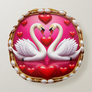 Romantische Hochzeitsschwäne, gerahmt von Ornament Rundes Kissen