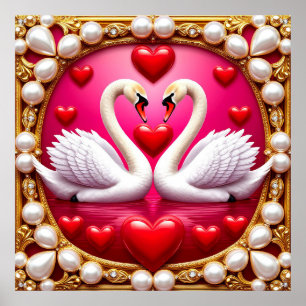 Romantische Hochzeitsschwäne, umrahmt von Ornat Poster