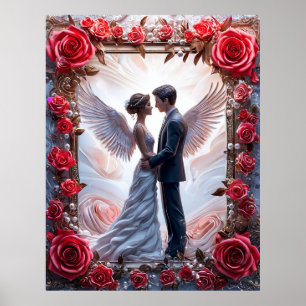 Romantische Hochzeitsszene mit Engeln und Rosenrah Poster