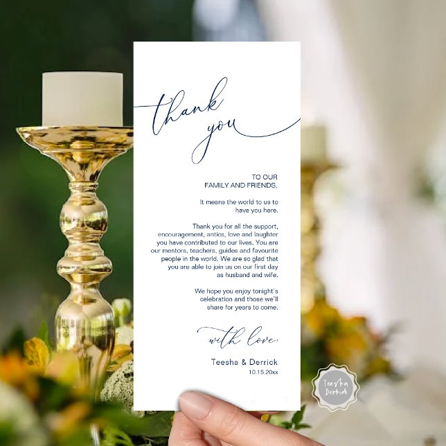 Romantische Hochzeitsumgebung Dankeschön Karte (Romantic Wedding Dinner Place Setting Thank You Card, Plate Decor, in Navy Blue)