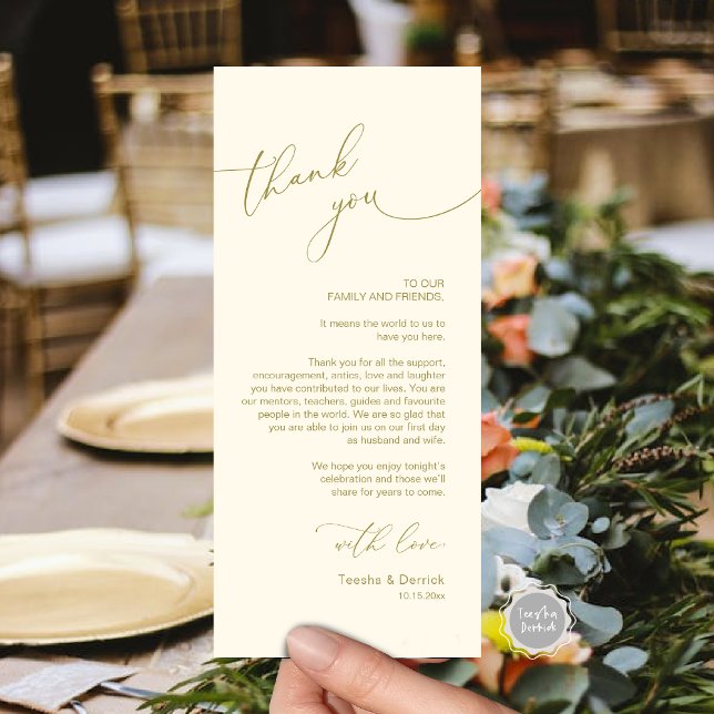 Romantische Hochzeitsumgebung Dankeschön Karte (Romantic Wedding Dinner Place Setting Thank You Card, Plate Decor, in Classy Gold)