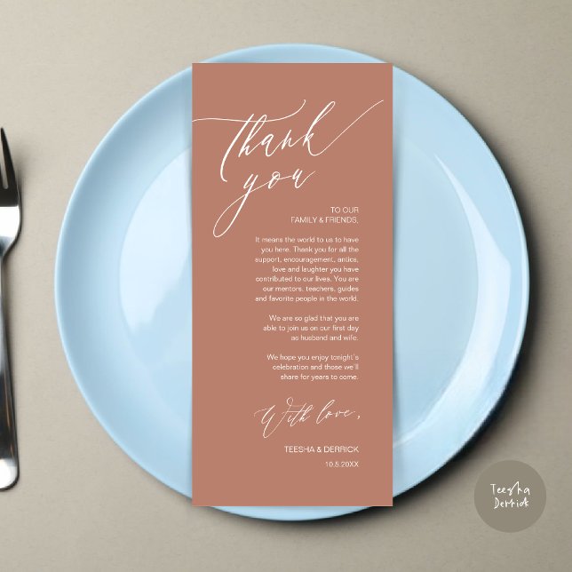 Romantische Hochzeitsumgebung Dankeschön Karte (Romantic Wedding Dinner Place Setting Thank You Card, in Terracotta Earthy Brown)