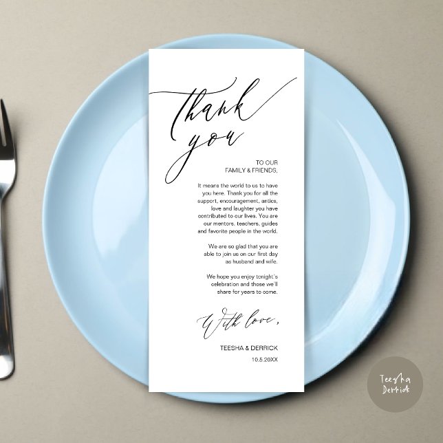 Romantische Hochzeitsumgebung Dankeschön Karte (Romantic Wedding Dinner Place Setting Thank You Card, in Black and White)