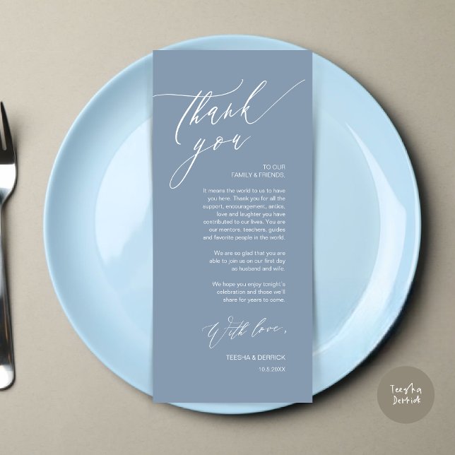 Romantische Hochzeitsumgebung Dankeschön Karte (Romantic Wedding Dinner Place Setting Thank You Card, in Dusty Blue)