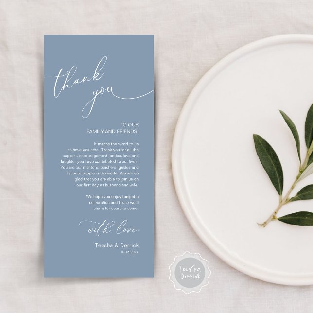 Romantische Hochzeitsumgebung Dankeschön Karte (Modern Romantic Wedding Lunch, Brunch, Dinner Place Setting Thank You Card, in Dusty Blue)