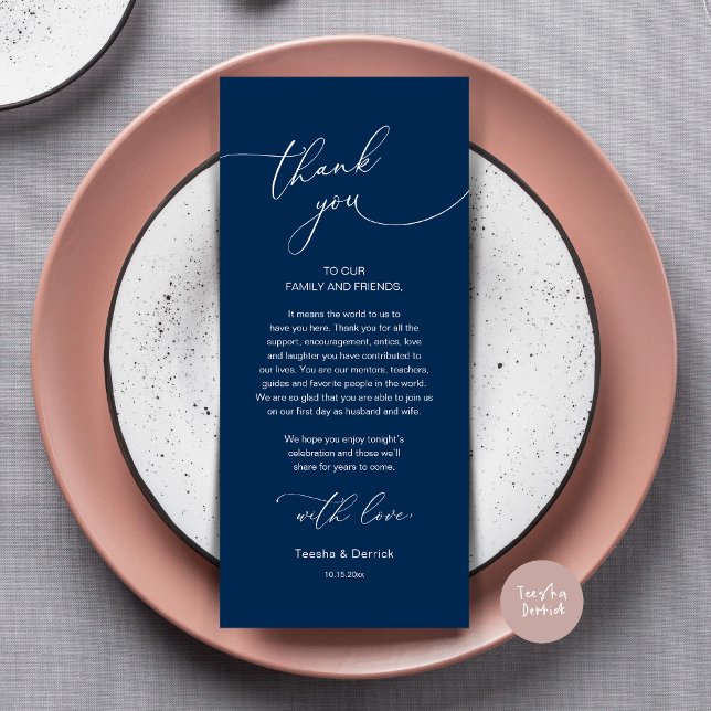 Romantische Hochzeitsumgebung Dankeschön Karte (Modern Romance Wedding Dinner, Lunch and Brunch Place Setting Thank You Card, in Navy Blue)