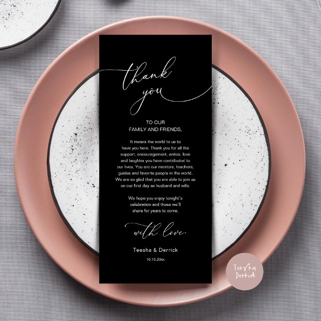 Romantische Hochzeitsumgebung Dankeschön Karte (Modern Romance Wedding Dinner, Lunch and Brunch Place Setting Thank You Card, in Classy Black)