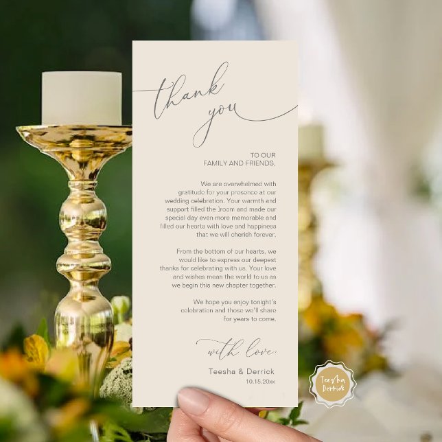 Romantische Hochzeitsumgebung Dankeschön Karte (Wedding Dinner Place Setting Thank You Card, Modern Romantic Script, in Dark Grey and Cream)