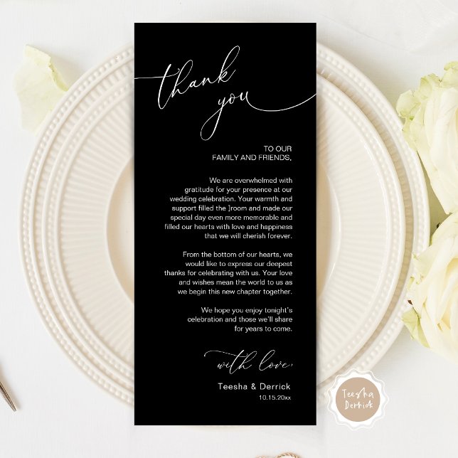 Romantische Hochzeitsumgebung Dankeschön Karte (Wedding Dinner Place Setting Thank You Card, Modern Romantic Script, in black and white)