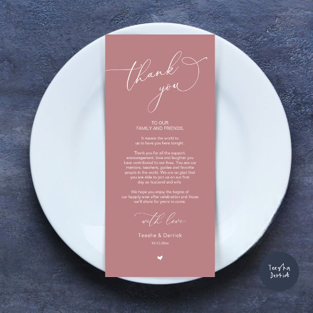 Romantische Hochzeitsumgebung Dankeschön Karte (Modern Romantic Wedding Dinner Place Setting Thank You Card, Plate Decor, in Dusty Rose Pink)