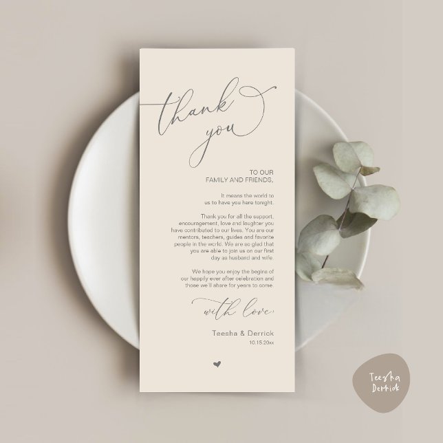 Romantische Hochzeitsumgebung Dankeschön Karte (Modern Romantic Wedding Dinner Place Setting Thank You Card, Plate Decor, in Dark Grey and Cream)