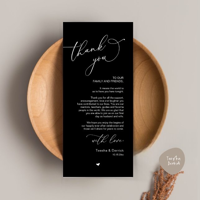 Romantische Hochzeitsumgebung Dankeschön Karte (Modern Romantic Wedding Dinner Place Setting Thank You Card, Plate Decor, in Classy Black)