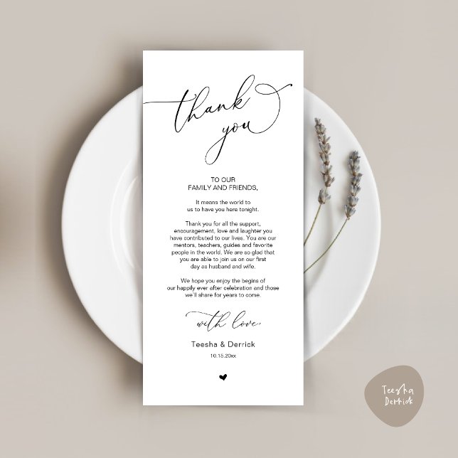 Romantische Hochzeitsumgebung Dankeschön Karte (Romantic Modern Wedding Dinner Place Setting Thank You Card, in Black and White)