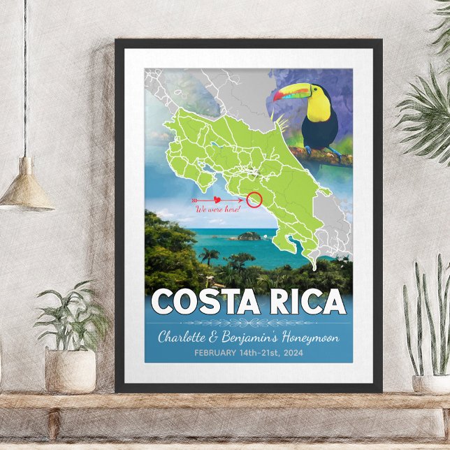 Romantische Honeymoon Costa Rica Karte Poster (Romantic Honeymoon Vacation To Costa Rica Map Poster - Sketch Mockup)