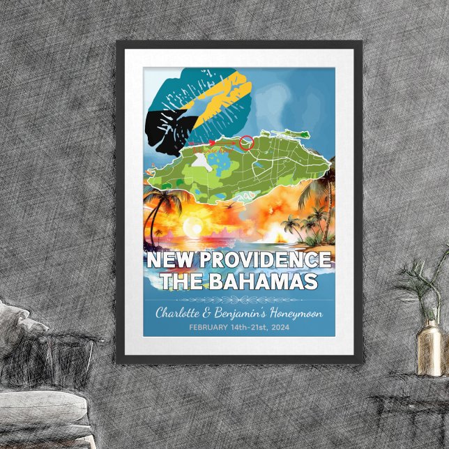 Romantische Honeymoon New Providence Bahamas Map Poster (New Providence Bahamas Honeymoon Memories Poster - Sketch Mockup)