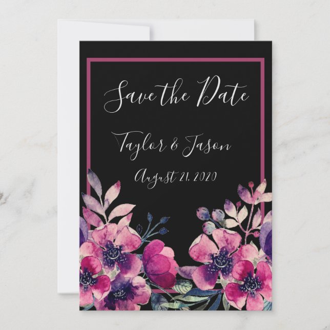 Romantische Hot Pink-Floral-Script-Hochzeit Save The Date (Vorderseite)