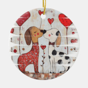 Romantische Hunde mit Herzballons Keramik Ornament