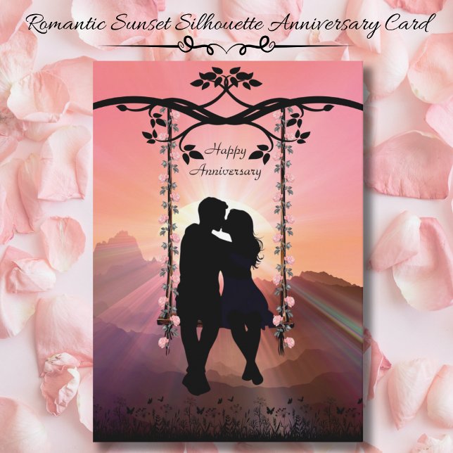 Romantische Jubiläumskarte für Sonnenuntergang Sil Karte (Romantic Sunset Silhouette Couple Anniversary Card (Front))