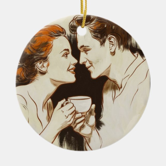 Romantische Kaffeedatepaare, die sich süßen Blick  Keramik Ornament (Vorne)