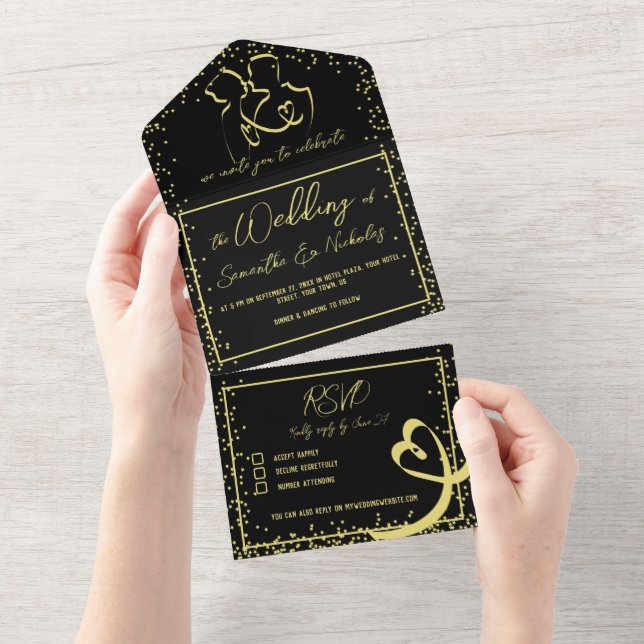 Romantische Kalligrafie Black & Gold Hochzeit All In One Einladung (Abreißen)