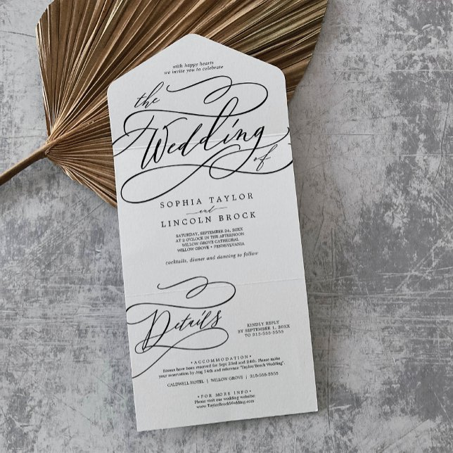 Romantische Kalligrafie Elegante Details UAWG Hoch All In One Einladung (Romantic Calligraphy Elegant Details RSVP Wedding All In One Invitation)