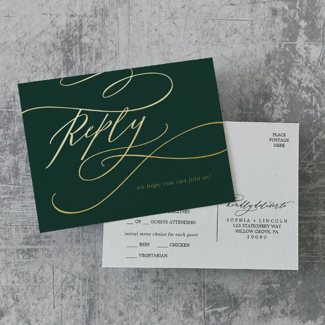 Romantische Kalligrafie Emerald Gold Foil UAWG Folie Einladungspostkarte (Romantic Calligraphy Emerald Gold Foil Meal RSVP Foil Invitation Postcard)