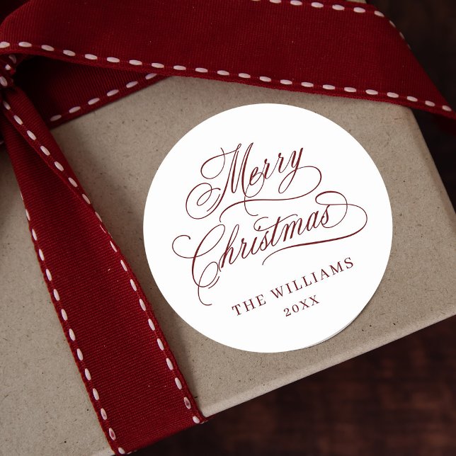 Romantische Kalligrafie Frohe Weihnachten Rot & We Runder Aufkleber (Von Creator hochgeladen)