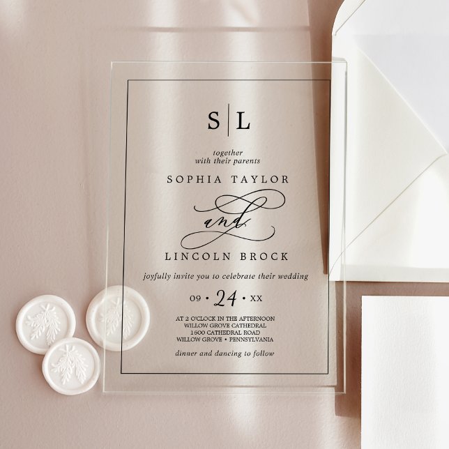 Romantische Kalligrafie Minimalistische Monogramm  Acryleinladungen (Romantic Calligraphy Minimalist Monogram Wedding Acrylic Invitations)