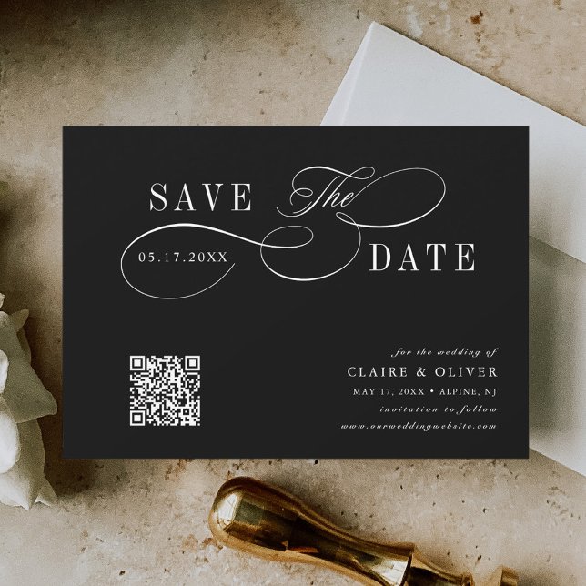 Romantische Kalligrafie QR Code Black Horizontal Save The Date (Von Creator hochgeladen)