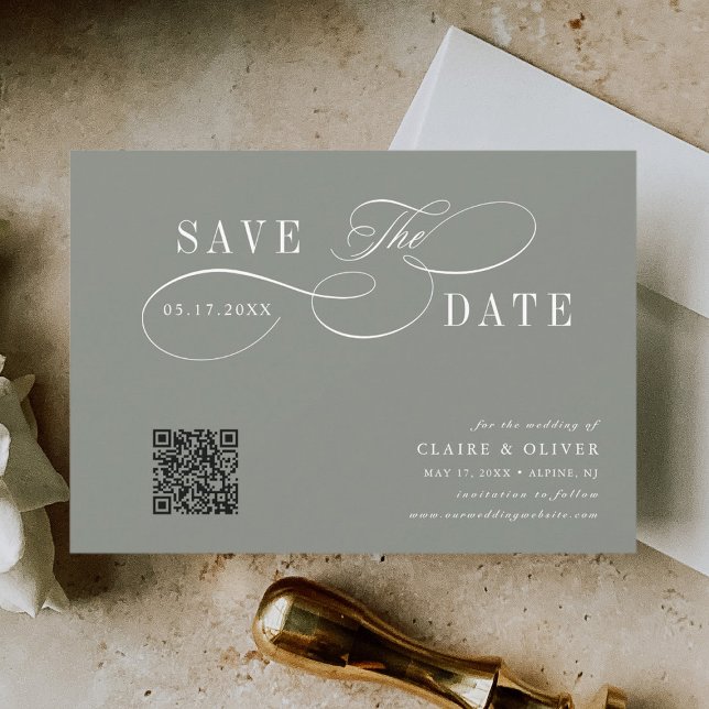 Romantische Kalligrafie QR Code Sage Green Horizon Save The Date (Von Creator hochgeladen)