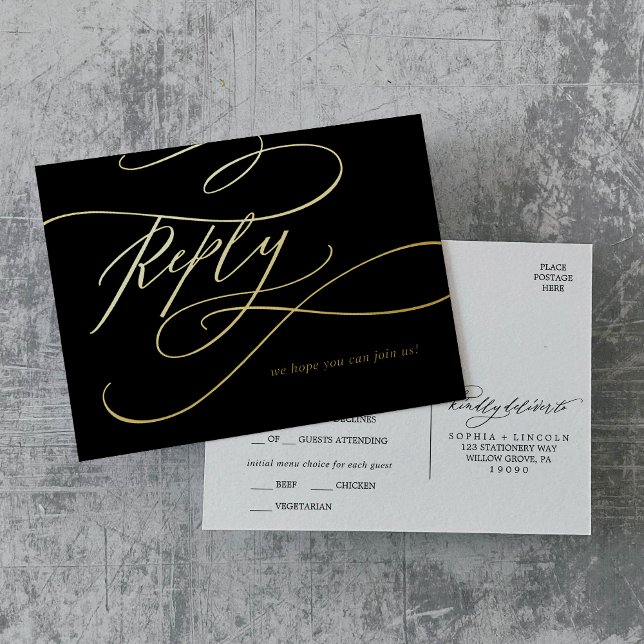 Romantische Kalligrafie Schwarz und Goldfresser UA Folie Einladungspostkarte (Romantic Calligraphy Black and Gold Foil Meal RSVP Foil Invitation Postcard)