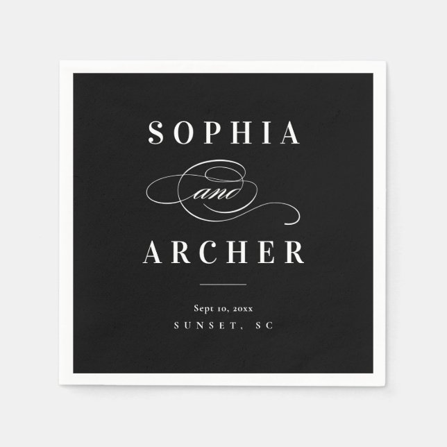 Romantische Kalligrafie Schwarz-Weiß-Hochzeit Serviette (Vorderseite)