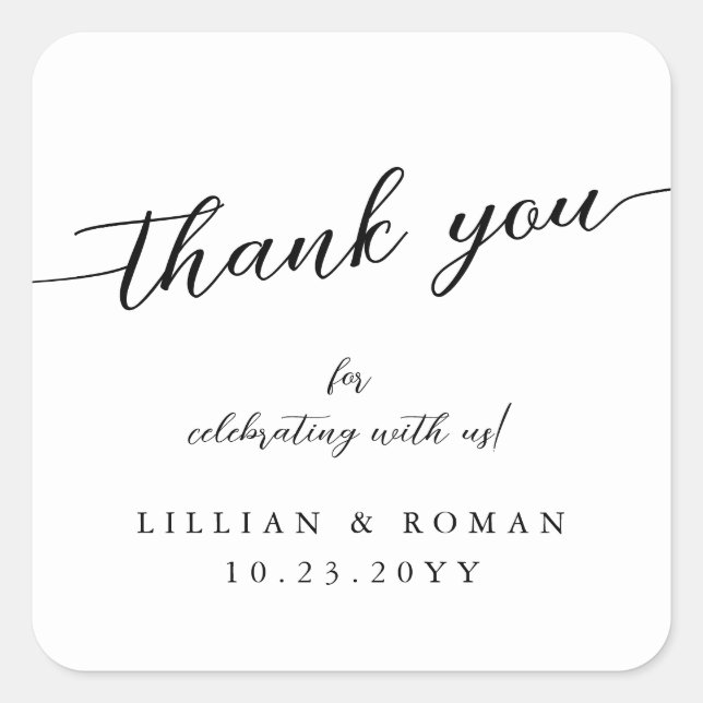 Romantische Kalligrafie Script Black & White Weddi Quadratischer Aufkleber (Vorderseite)