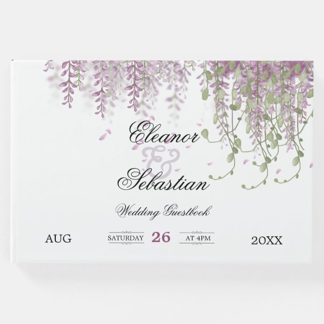Romantische Kalligrafie Wisteria Lila Wedding Gästebuch (Vorderseite)