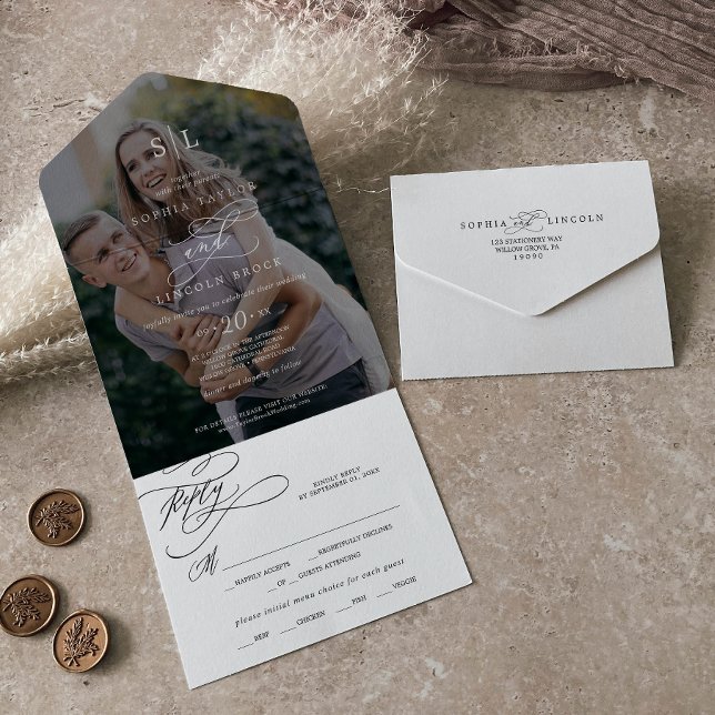 Romantische Kalligraphie Monogram Dark Foto Weddin All In One Einladung (Von Creator hochgeladen)