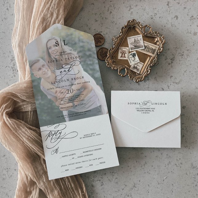 Romantische Kalligraphie Monogram Foto Wedding All In One Einladung (Von Creator hochgeladen)