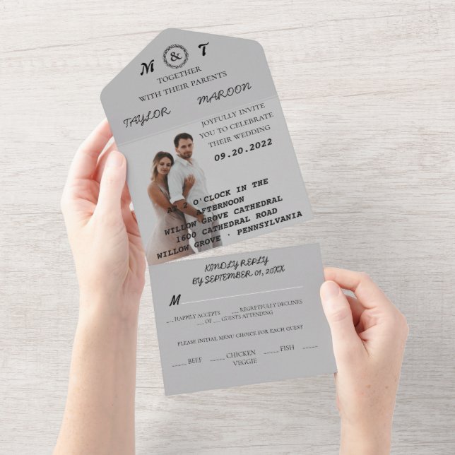 Romantische Kalligraphie Monogram Foto Wedding All In One Einladung (Abreißen)