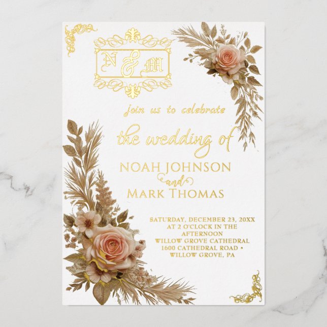 Romantische Kalligraphie Monogram Foto Wedding Folieneinladung (Vorderseite)